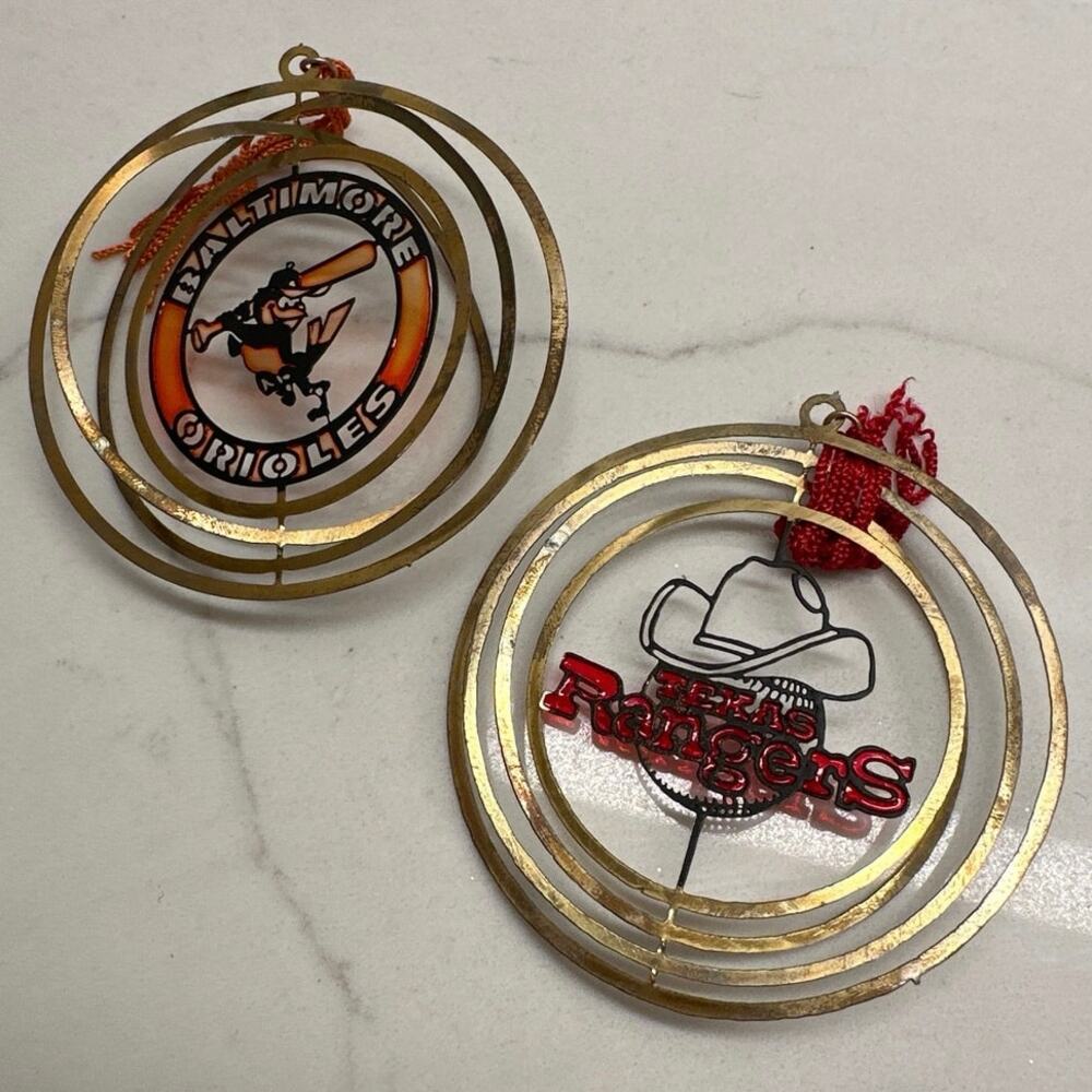 RARE Set 2 Vintage Brass Swivel Ornaments Baltimore Orioles Texas Rangers MLB
